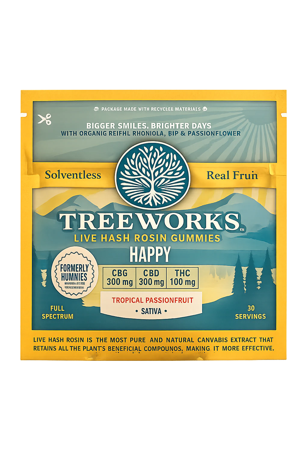 Treeworks of Massachusetts - Happy | Tropical Passionfruit | Live Hash Rosin Gummies | 1:3:3 | THC:CBD:CBG | [100mg] Main Image