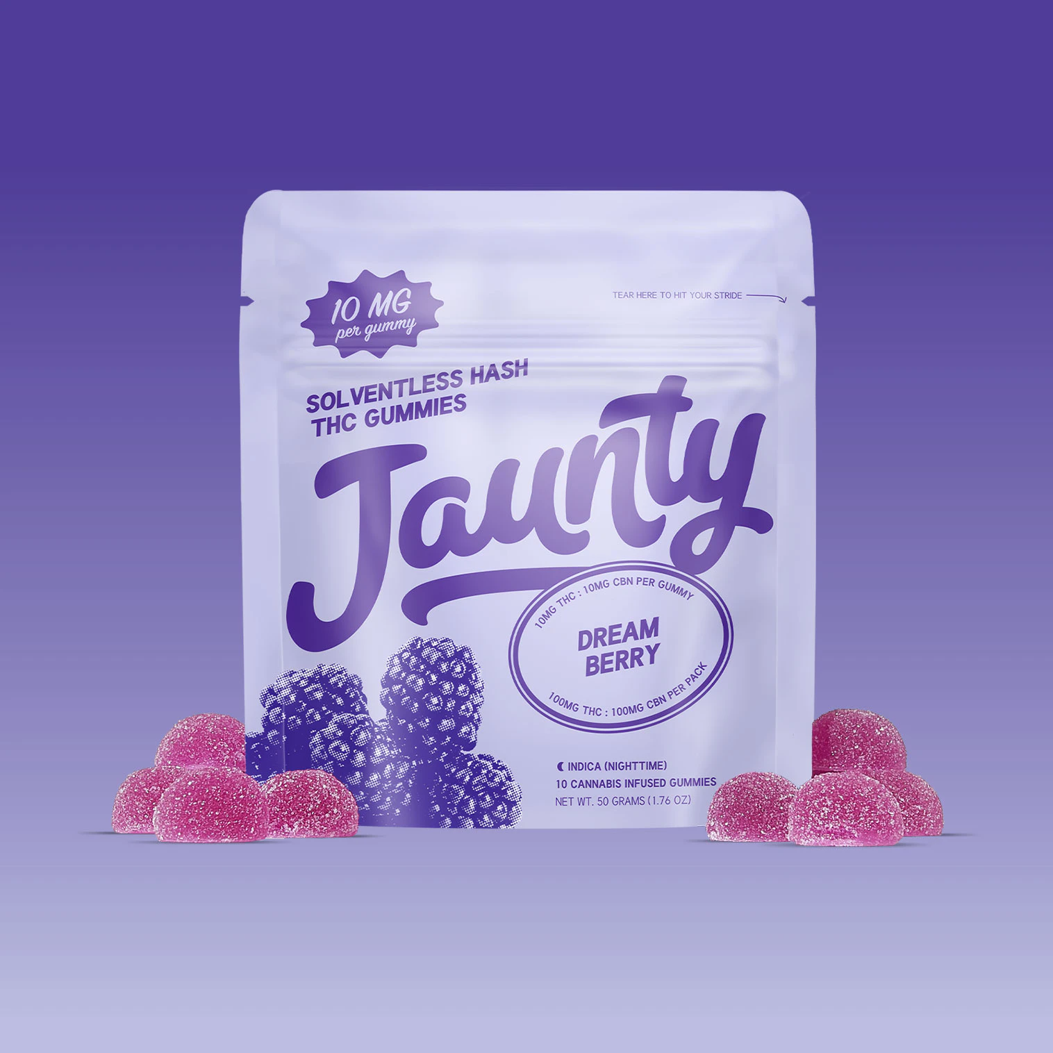 Jaunty - Jaunty - Dreamberry - Hash - 1:1 THC:CBN - 10mg THC x 10ct. - 100mg THC - Edible Main Image