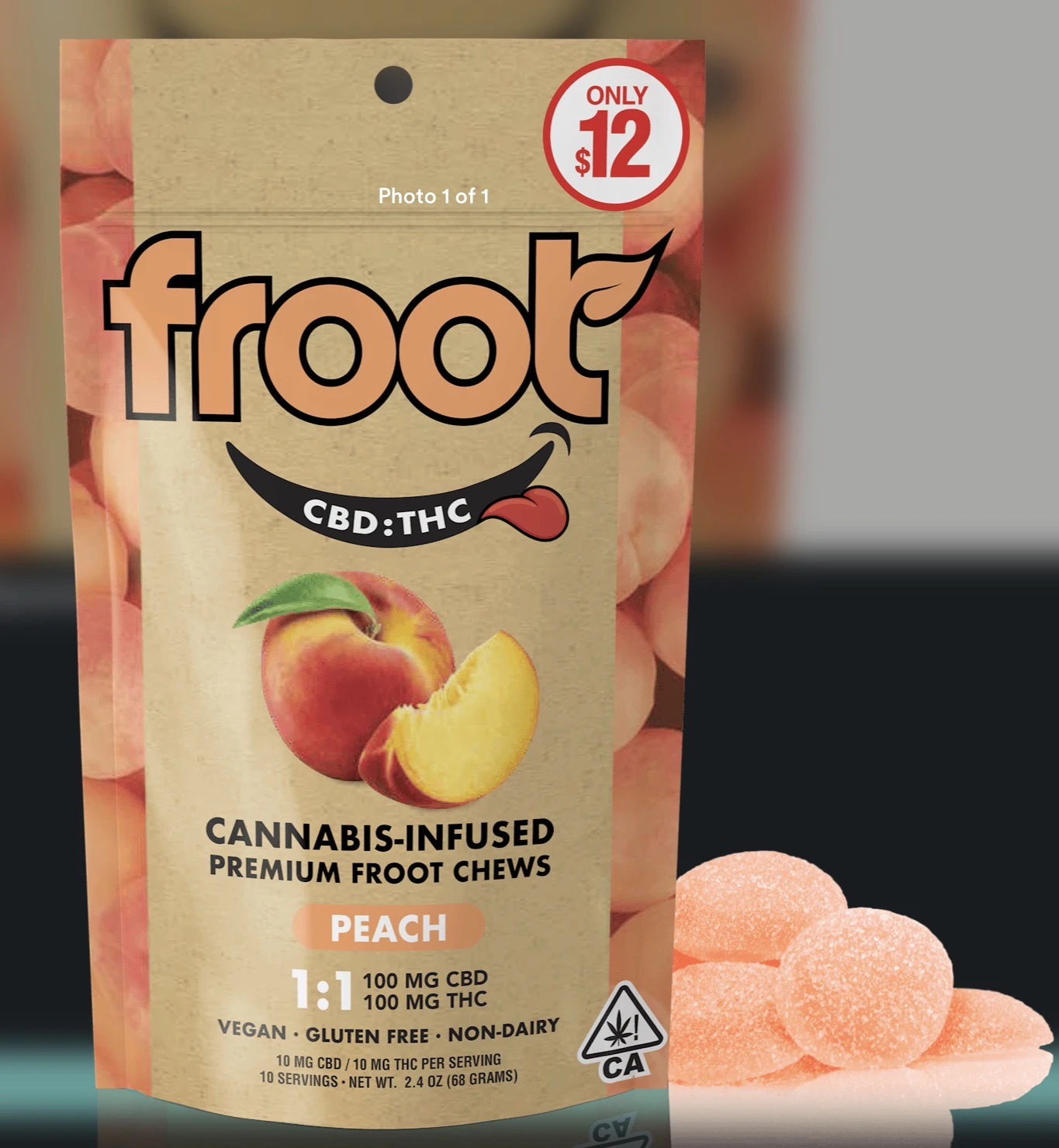 Froot - Froot Peach 1:1 CBD:THC Gummies - 100mg CBD: 100mg THC Main Image