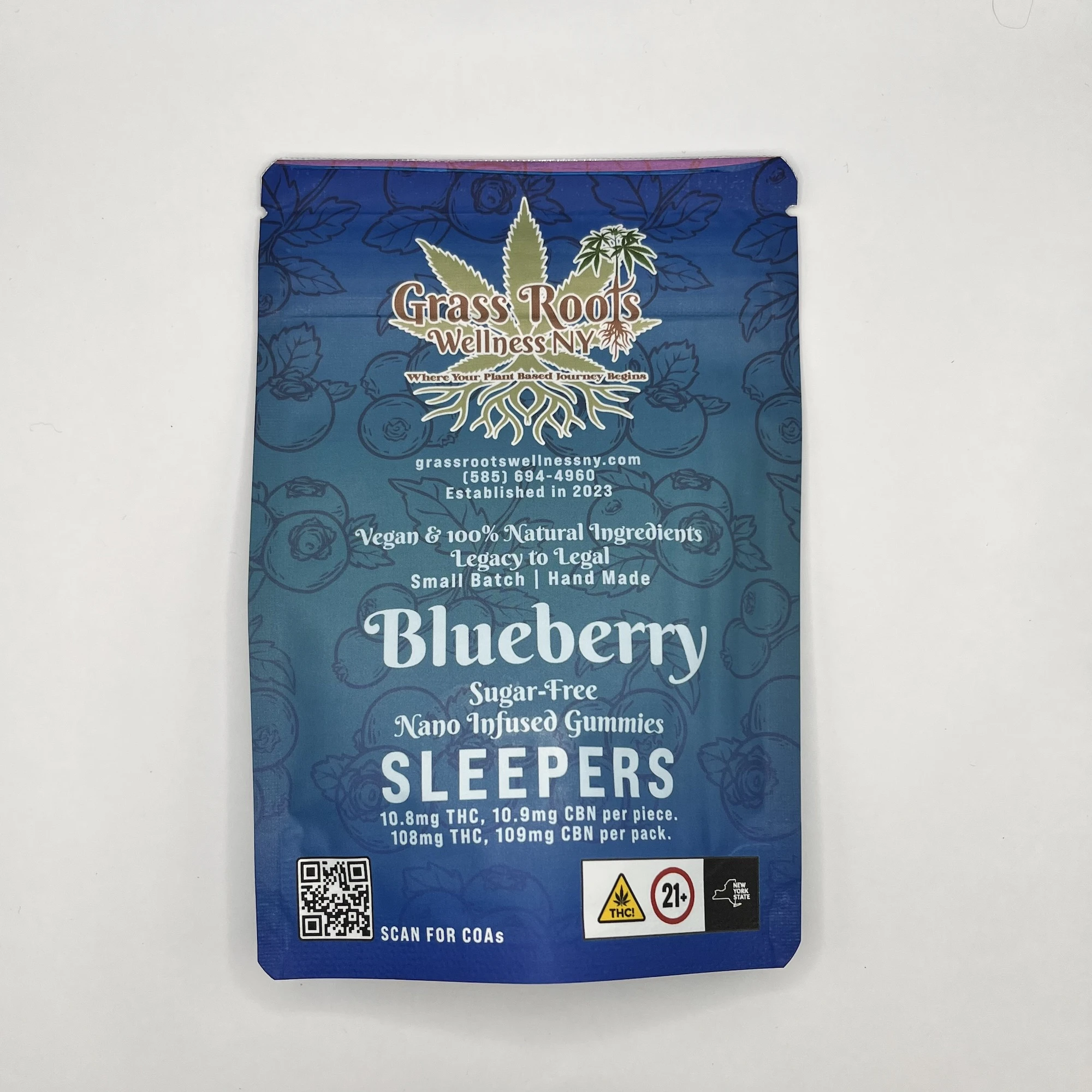 Grass Roots Wellness - Grass Roots Wellness - Blueberry Sleepers - Sugar Free - 10.8mg THC : 10.8mg CBN x 10pk - Edibles Main Image