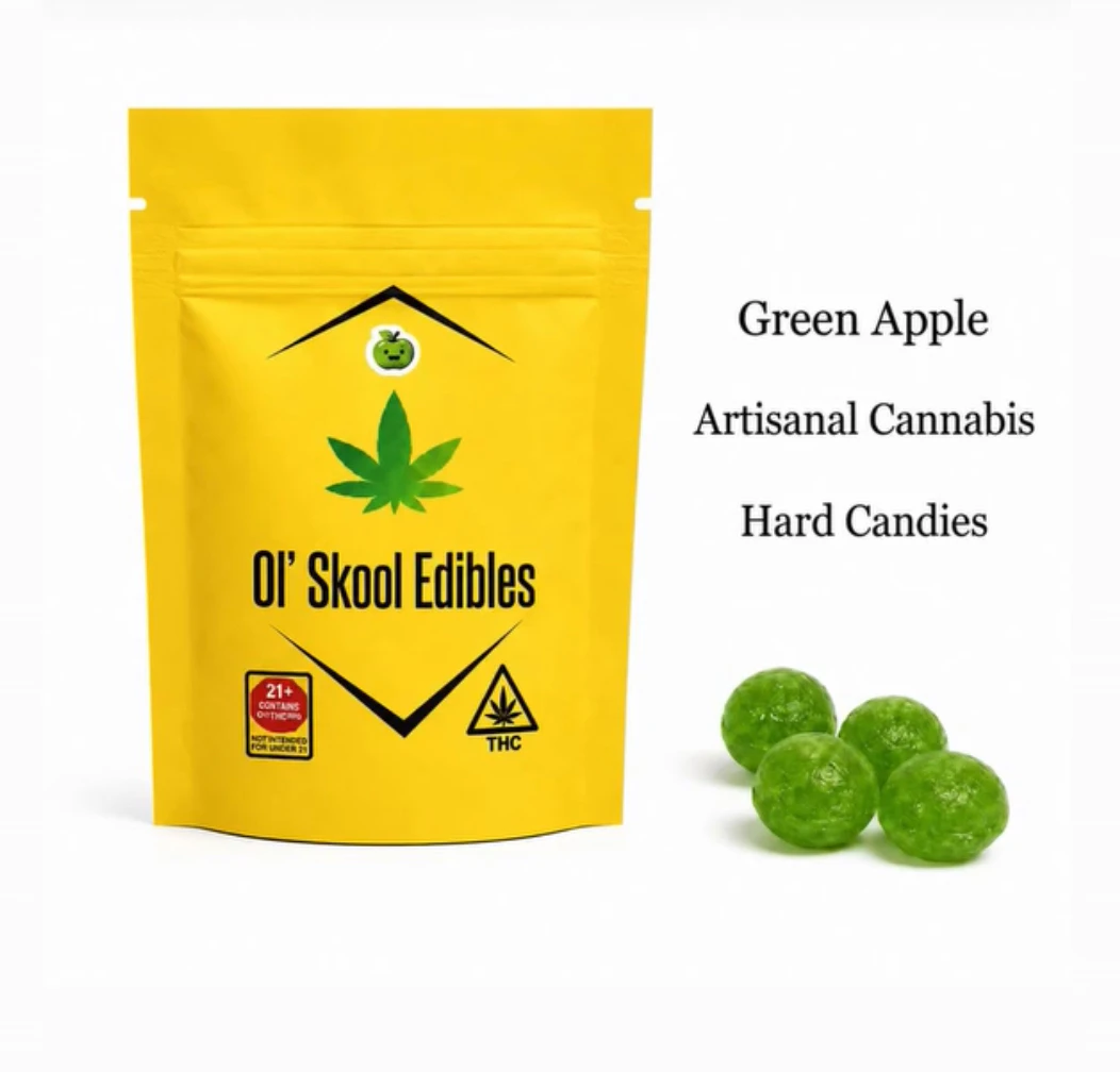 ol' skool edibles - Ol' Skool Edibles- Packaged Green Apple Jolly Drops (live rosin infused) 5mg THC Main Image