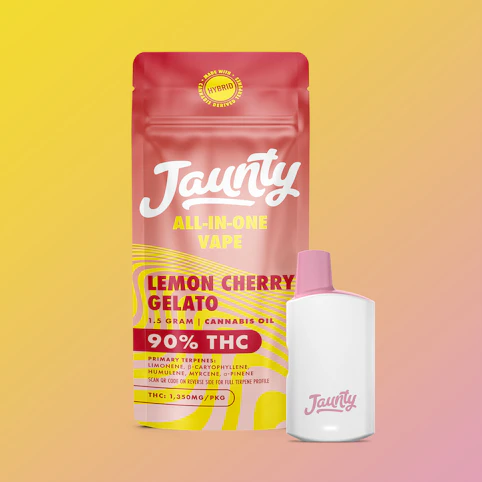 Jaunty - Lemon Cherry Gelato - Hybrid -90.00% THC | All-In-One Palm Disposable | Jaunty       -I4 FRONT