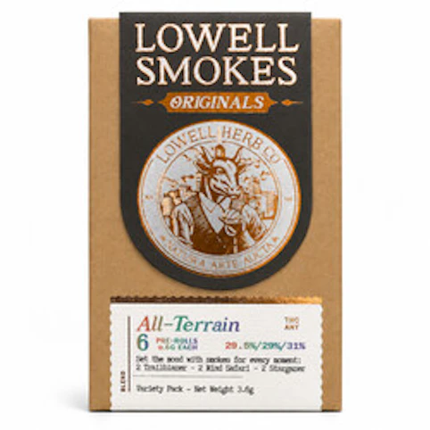 Lowell Smokes - All-Terrain ( 2 x Trail Blazer/Mind Safari/Stargazer ) -Variety- 29.5%/29%/31% THC | 0.61 g x 6 Originals (3.6g Pre-Rolls) | Lowell Smokes-S9 BACK