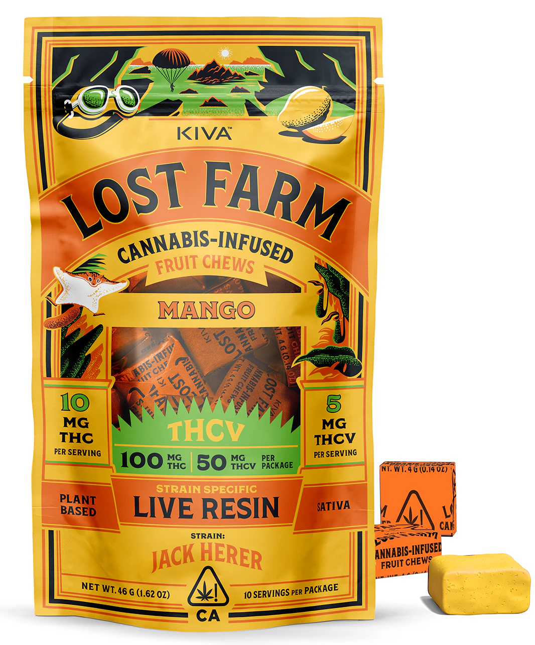Lost Farm Chews - Lost Farm - 10ct. 50mg THCV:100mg THC Live Resin Chews (Sativa) - Mango Jack Herer Main Image