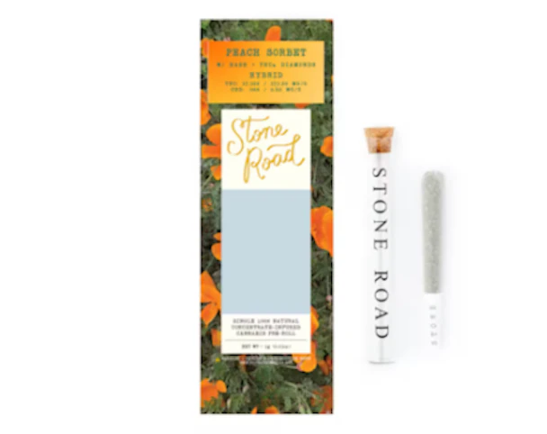 STONE ROAD - Peach Sorbet -Hybrid- 37.32 % THC | 1g Diamond & Hash Infused (Pre-Roll) | Stone Road  -R2 BACK