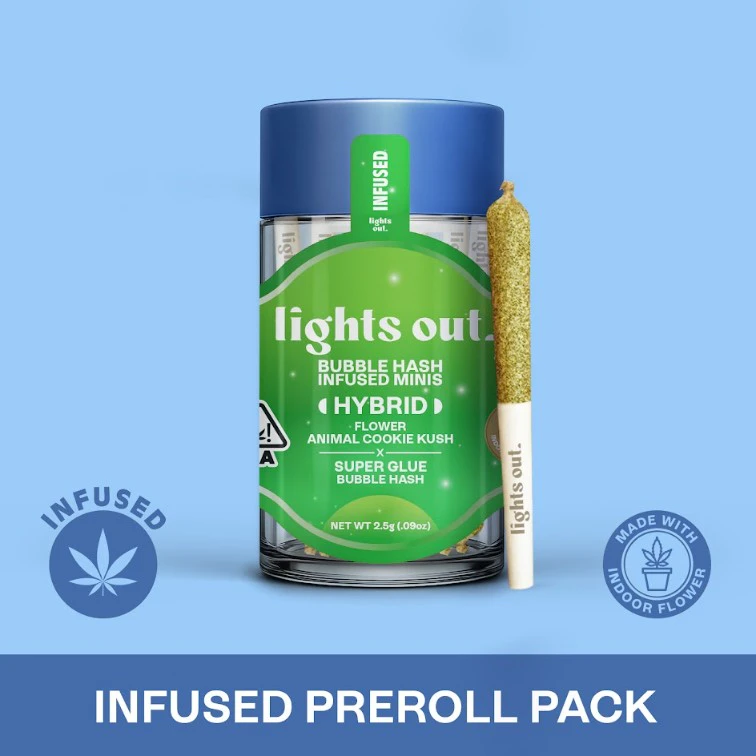 Lights Out - LIGHTS OUT: Animal Cookie Kush x Super Glue 0.5g Bubble Hash Infused Pre-Roll 5pk/2.5g (H) Main Image