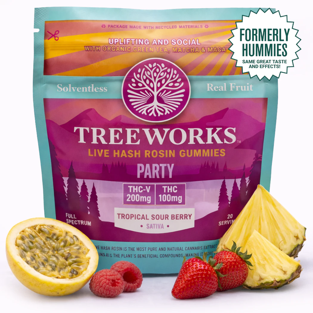 Treeworks of Massachusetts - Party | Tropical Sour Berry | Live Hash Rosin Gummies | 2:1 | THC-V:THC | [100mg] Main Image