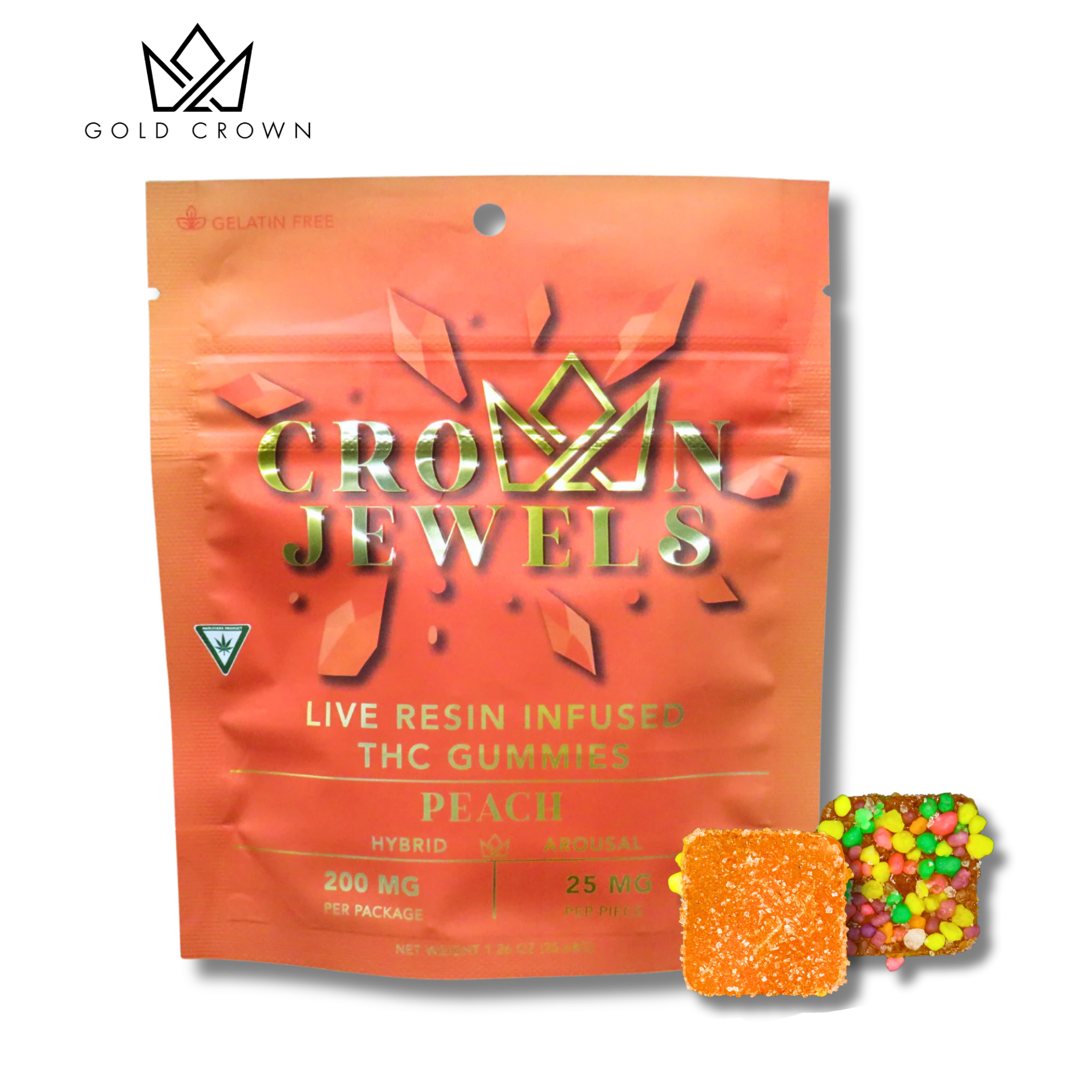 Crown Jewels By: Gold Crown - Peach 200mg Live Resin Gummies W/ Nerds (8x25mg) Main Image