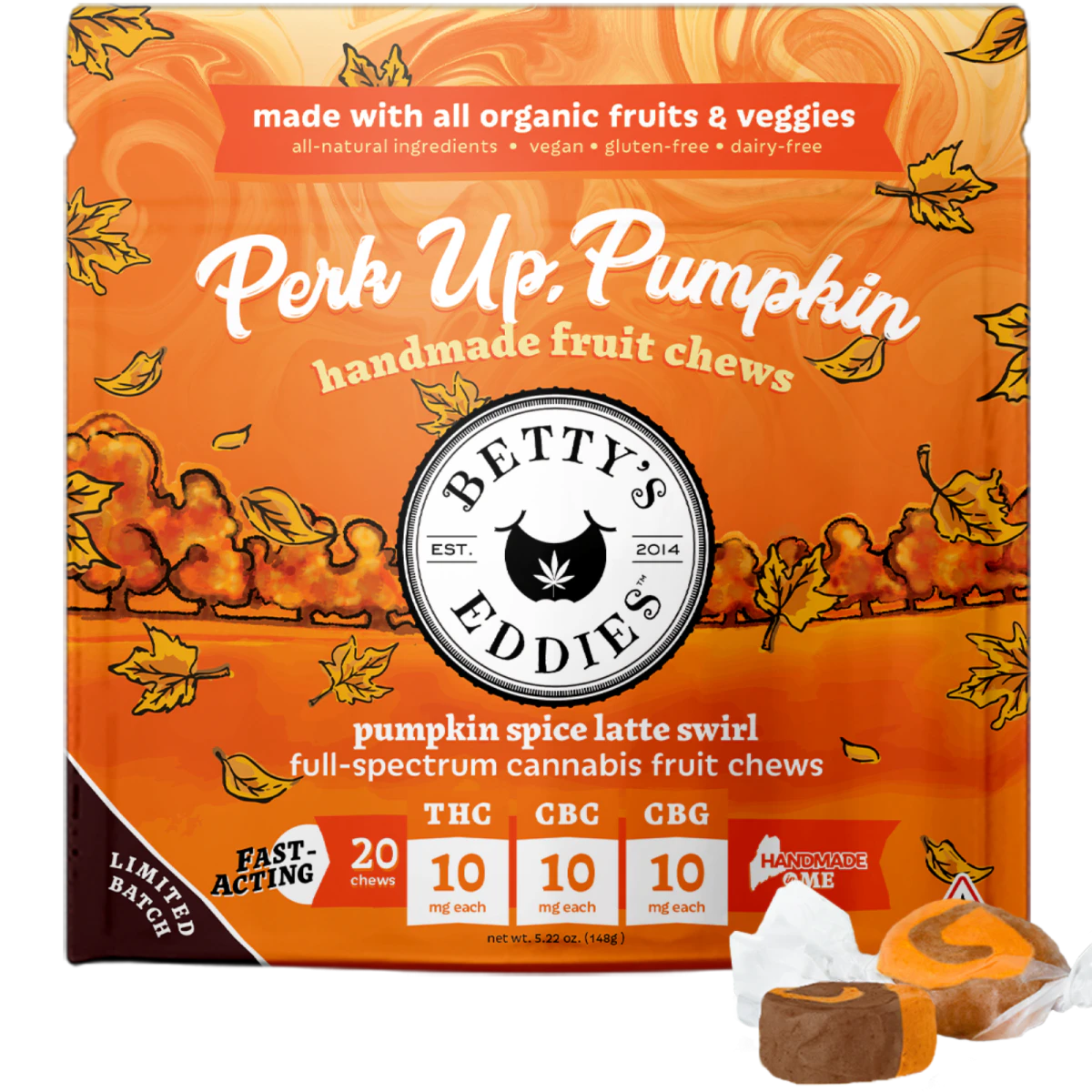 Betty's Eddies - Betty's Eddies | Perk Up Pumpkin Spice | 10mg Fruit Chew | 20-Pack | 200mg Total | Full Spectrum  Main Image