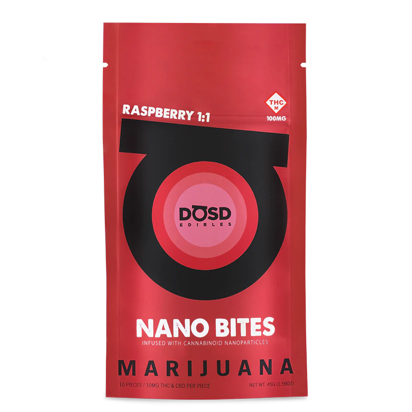 DOSD EDIBLES - DOSD EDIBLES - RASPBERRY 100MG 1:1 NANO BITES GUMMY Main Image