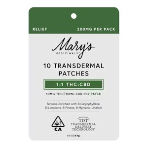 MARY'S MEDICINALS - PATCH (10CT) - RELIEF 1:1 CBD:THC 200MG - MARY'S MEDICINALS
