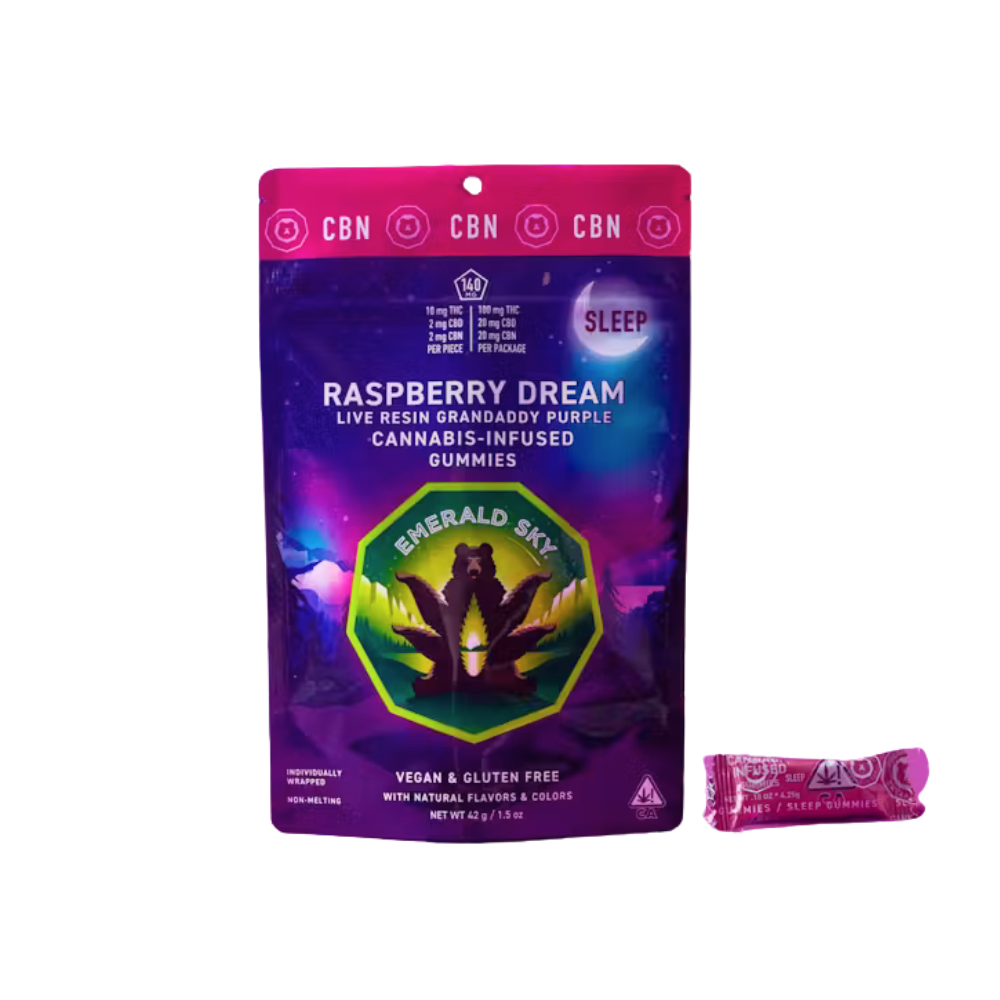 140mg THC:CBD:CBN Raspberry Dream Gummies (10mg THC, 2mg CBD, 2mg CBN - 10 pack) - Emerald Sky picture