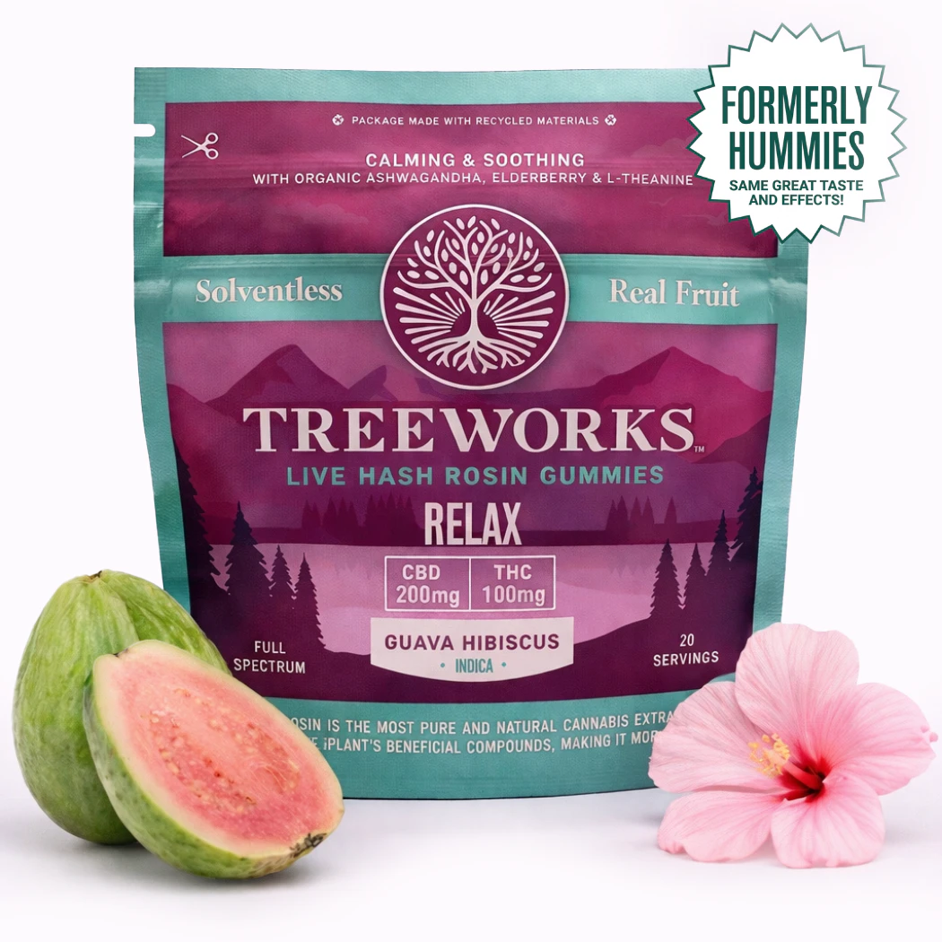 Treeworks of Massachusetts - Relax |  Guava Hibiscus | Live Hash Rosin Gummies | 2:1| CBD:THC | [100mg] Main Image