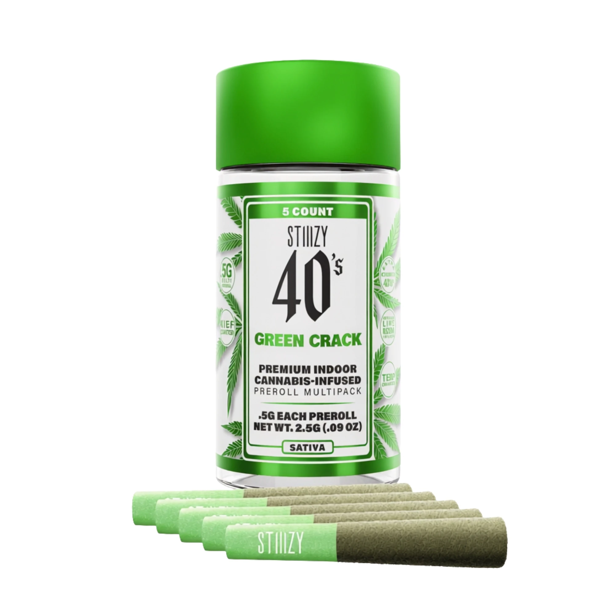 STIIIZY - Stiiizy 40's | Green Crack | Infused Pre-Roll Pack | [2.5g] 5pk | Sativa Main Image