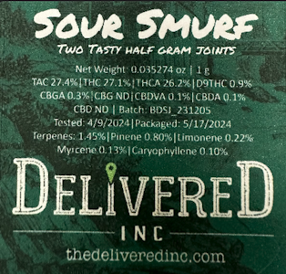 Delivered, Inc - Sour Smurf *Delivered Exclusive 4.3% Terps* | 2 x 0.5g Prerolls | TAXES INCLUDED