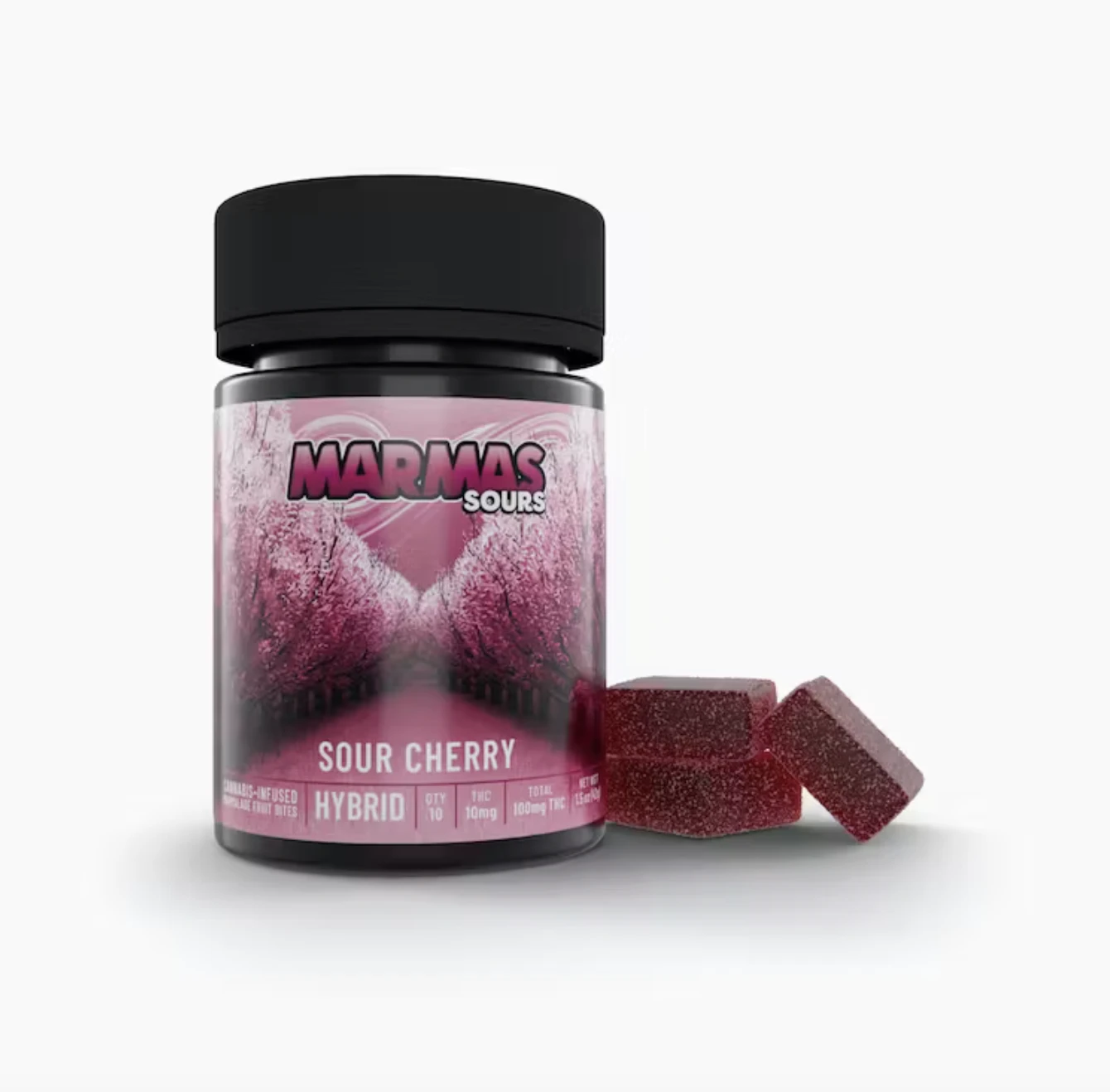 Marma's - HYBRID Sour Cherry | 100 THC Gummies | Marmas Main Image