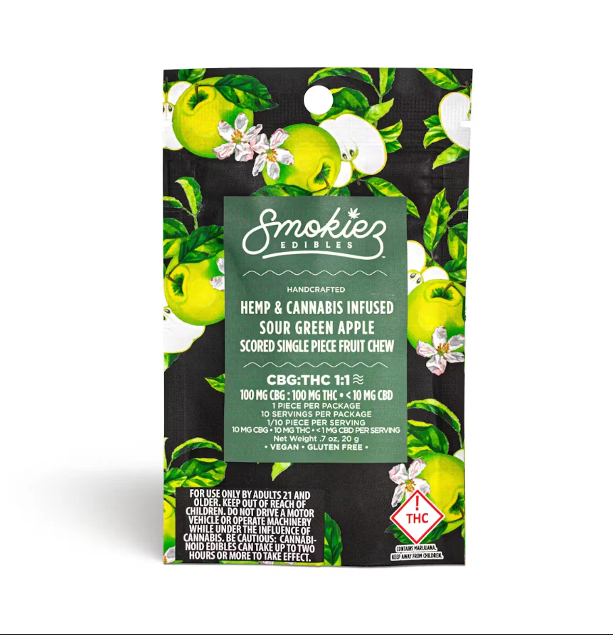 SMOKIEZ - Smokiez - Sour Green Apple Fruit Chews 1:1 CBG 100mg Single Piece Main Image