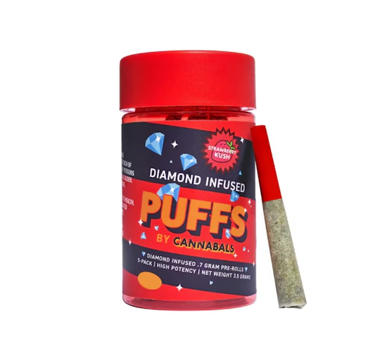 Cannabals - Strawberry Kush -Hybrid- 35% THC | 3.5g (Diamond Infused Pre-Rolls) 7pk | PUFFS by Cannabals      -a1 front