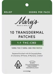 MARY'S MEDICINALS - Marys Medicinal - Topicals -1:1 THC/CBD Relief Patches - 10CT
