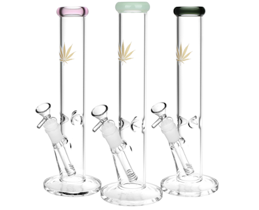 Gold Hemp - Gold Hemp Leaf Straight Tube Glass Water Pipe | 12" | 14mm F | Colors Vary