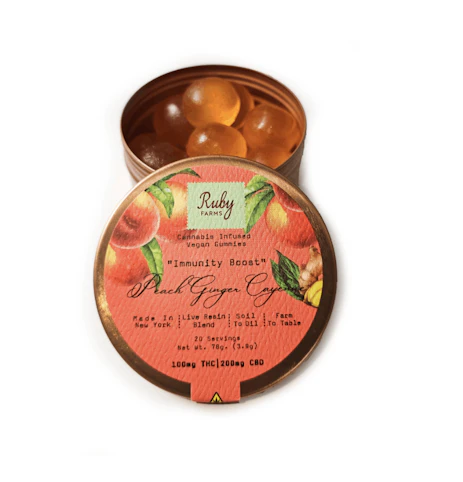 Ruby Farms - "Immunity Boost" Peach Ginger Cayenne -Hybrid- 100mg THC | 20 PK Gummies | Ruby Farms  -N/A BIN