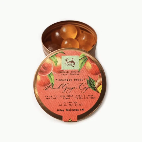 Ruby Farms - Ruby Farms | ''Immunity Boost'' Peach Ginger Cayenne (Black Cherry Gelato) (THC:CBD)  | Live Resin Blend Gummies 20 Count | 100mg Main Image