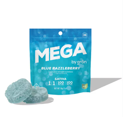 Grön Edibles - BLUE RAZZLEBERRY Gummies 1:1 CBG/THC MEGA - 100mg Main Image