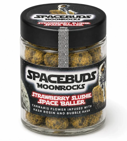 SPACEBUDS - Strawberry Slushie – Hybrid – 55.9% THC | 28g Space Baller Moonrocks Bubble Hash/Hash Rosin Infused (Flower) | Space Buds     -a4 back