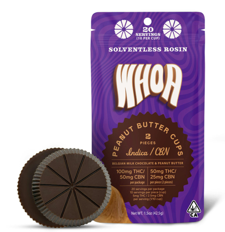 Whoa: WHOA Edibles Rosin Chocolate Cups 100mg Indica Peanut Butter Cups Sleep