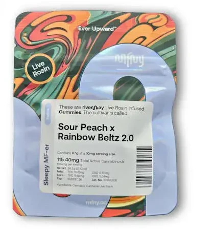MFNY - Sour Peach x Rainbow Beltz 2.0 10pk Live Rosin Gummies - Indica | MFNY Main Image