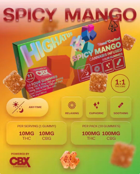 Highatus - Spicy Mango - 100mg 1:1 THC/CBG Hand Crafted Sour Gummies - Highatus Main Image