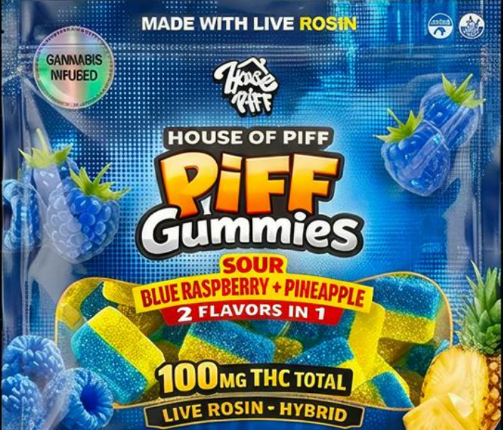 House of Piff - Sour Blue Raspberry + Pineapple - 100MG Live Rosin Gummies Main Image