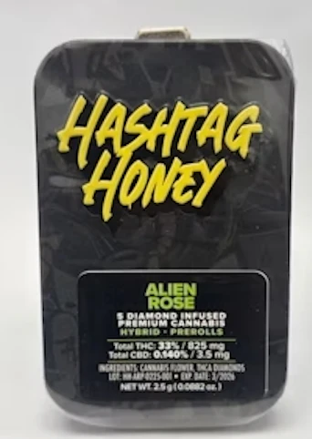 Hashtag Honey - Alien Rose -Hybrid- 5pk Diamond Infused (Pre-Rolls) | Hashtag Honey   -ll5 FRONT