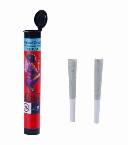 Alibi - Caramel Cream -Hybrid- 43.30% THC | Infused Pre-Roll, 2pk 1g | Alibi       -L4  middle