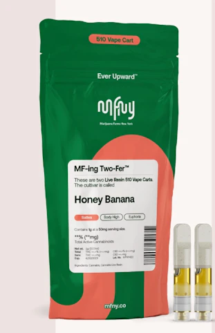 MFNY - Honey Banana Live Resin 2pk - Sativa - 73.63% THC | .5g 510 Cart - 76.49% TAC | MFNY      -x4 front