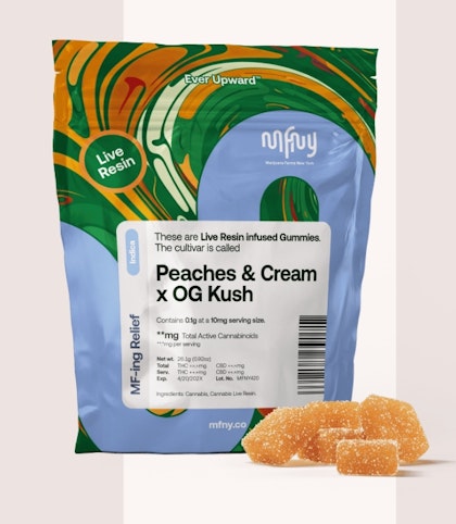 MFNY - MFNY | Peaches & Cream x O2 OG Kush -Indica- 10mg 10pk Live Resin Gummies (Edibles) |       -u3 FRONT