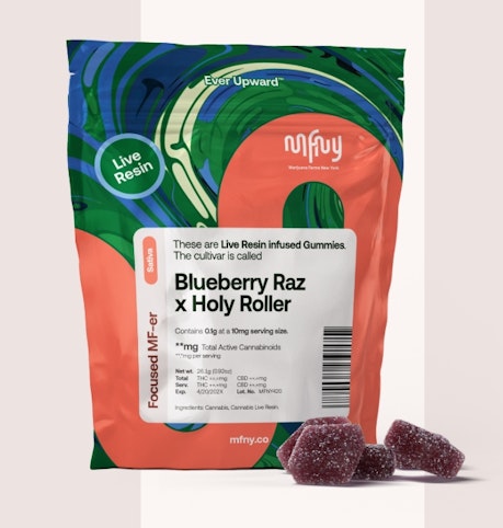 MFNY - MFNY | Blueberry Raz x Holy Roller -Sativa- 10mg 10pk Live Rosin Gummies (Edibles) |      -y5 front