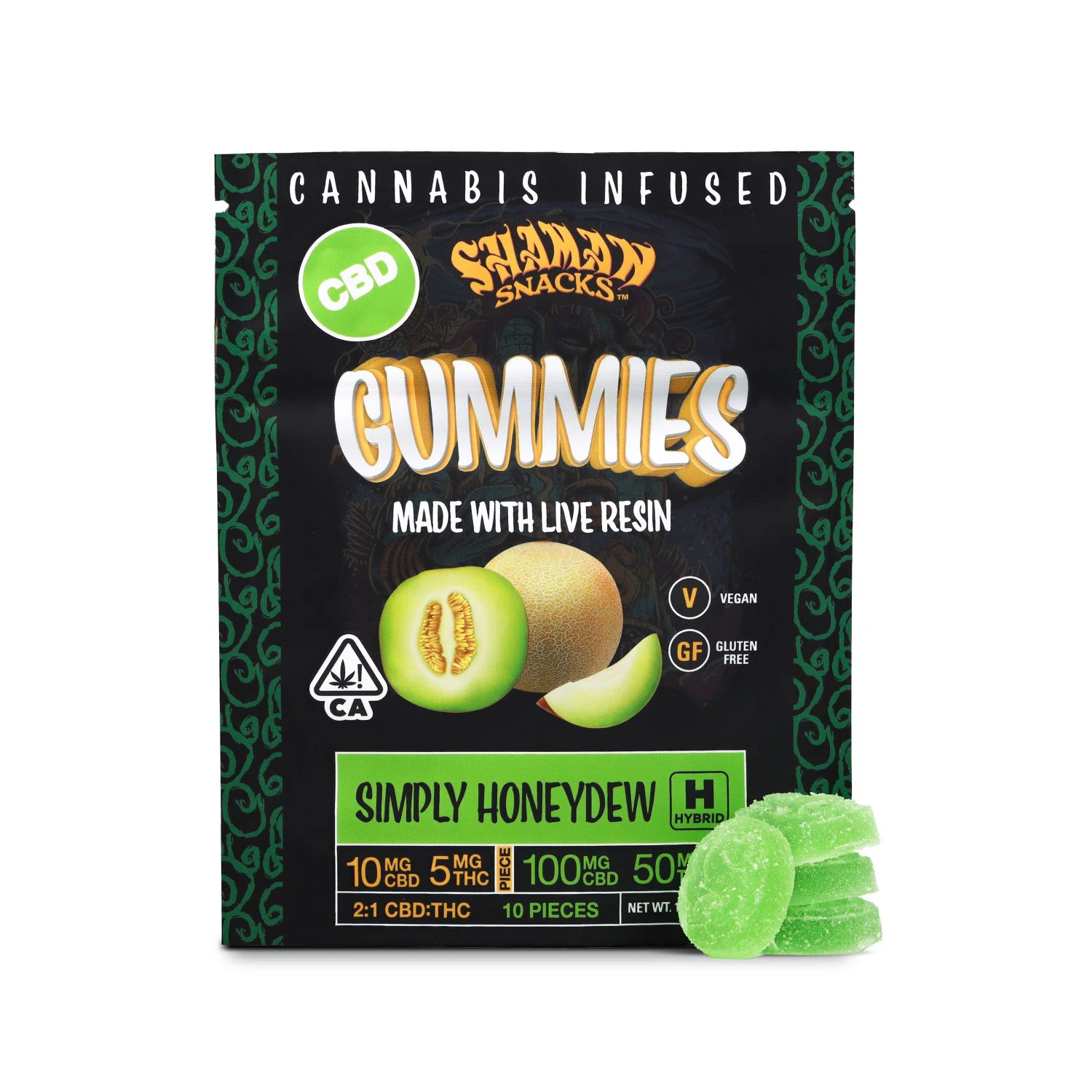 Shaman Extracts - Shaman Snacks - 100mg 2:1 CBD:THC Gummies - Simply Honeydew Main Image
