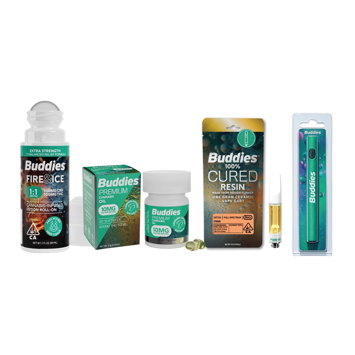 Buddies Brand - Buddies Bundle - Red Velvet Vape Cart 1g, battery, 10mg x 60ct PCO capsules, 1:1 Fire & Ice Roll-on Main Image