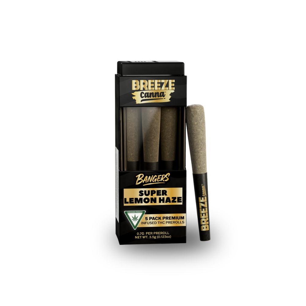 Super Lemon Haze 5pk Bangers Live Resin Infused Prerolls (3.5g total/.7g each) - BREEZE CANNA