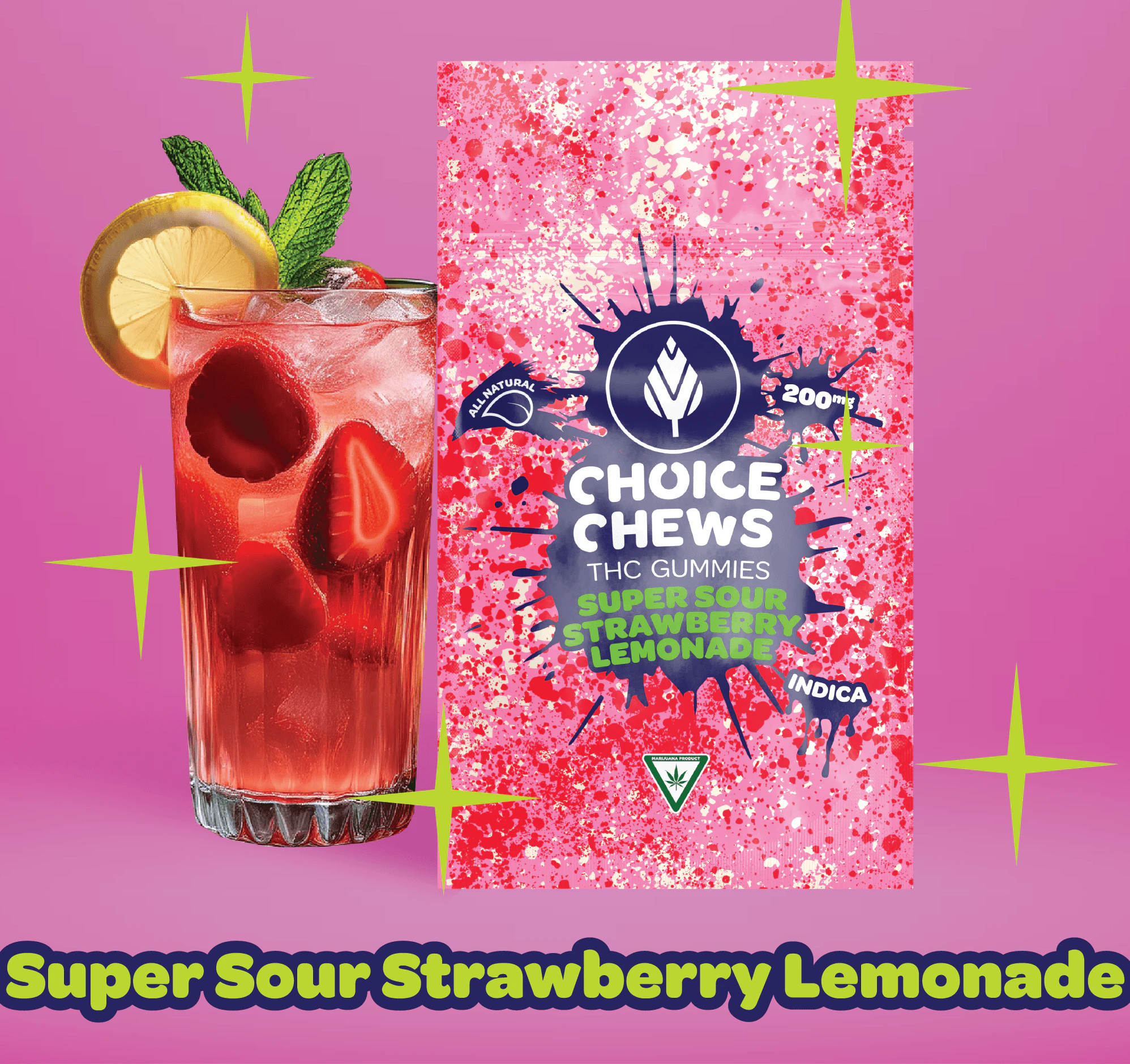 Choice Chews - Choice Chews - Super Sour Strawberry Lemonade Gummies (Indica) - 200mg Main Image