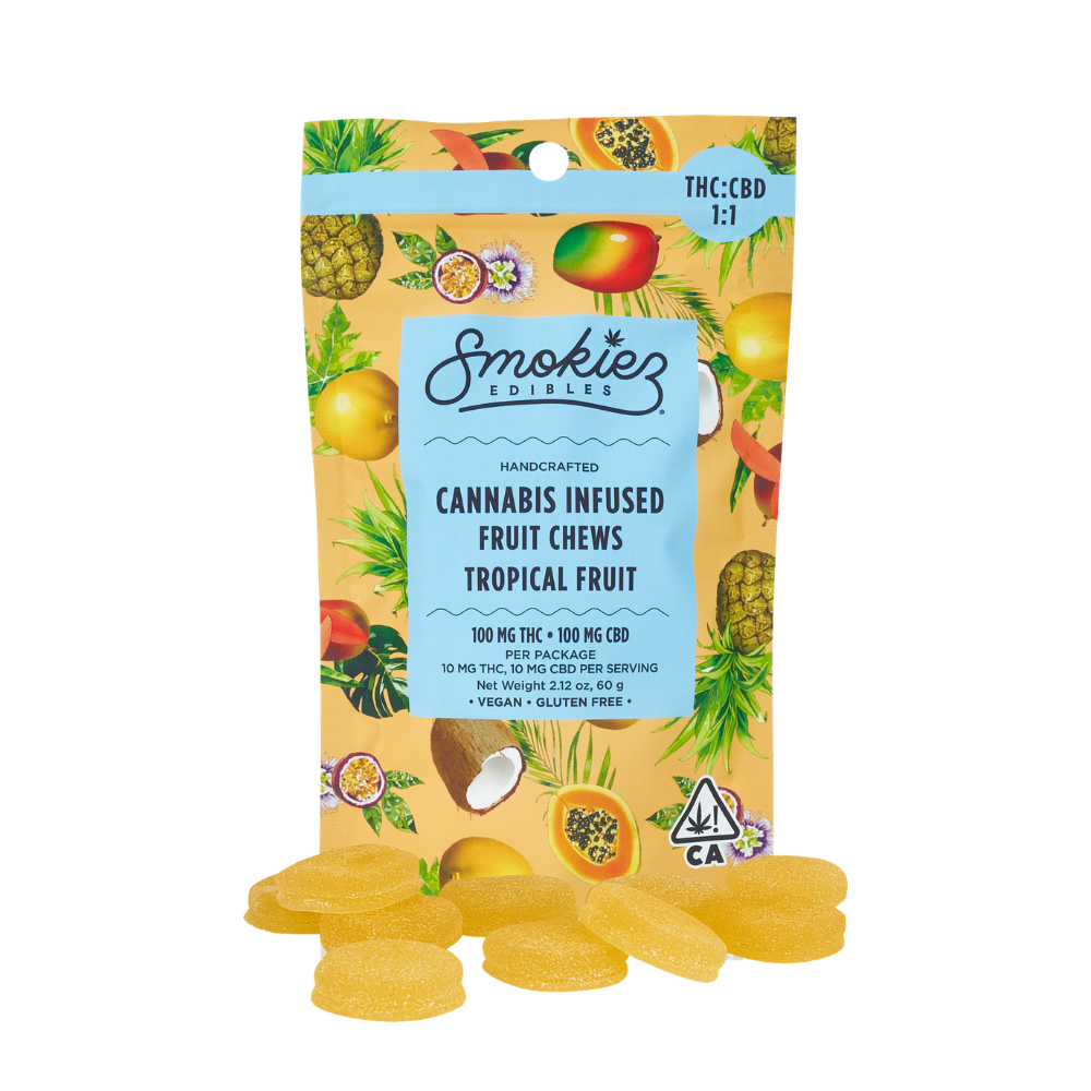 200mg 1:1 THC:CBD Tropical Fruit Chews (10mg THC, 10mg CBD - 10 pack) - Smokiez picture