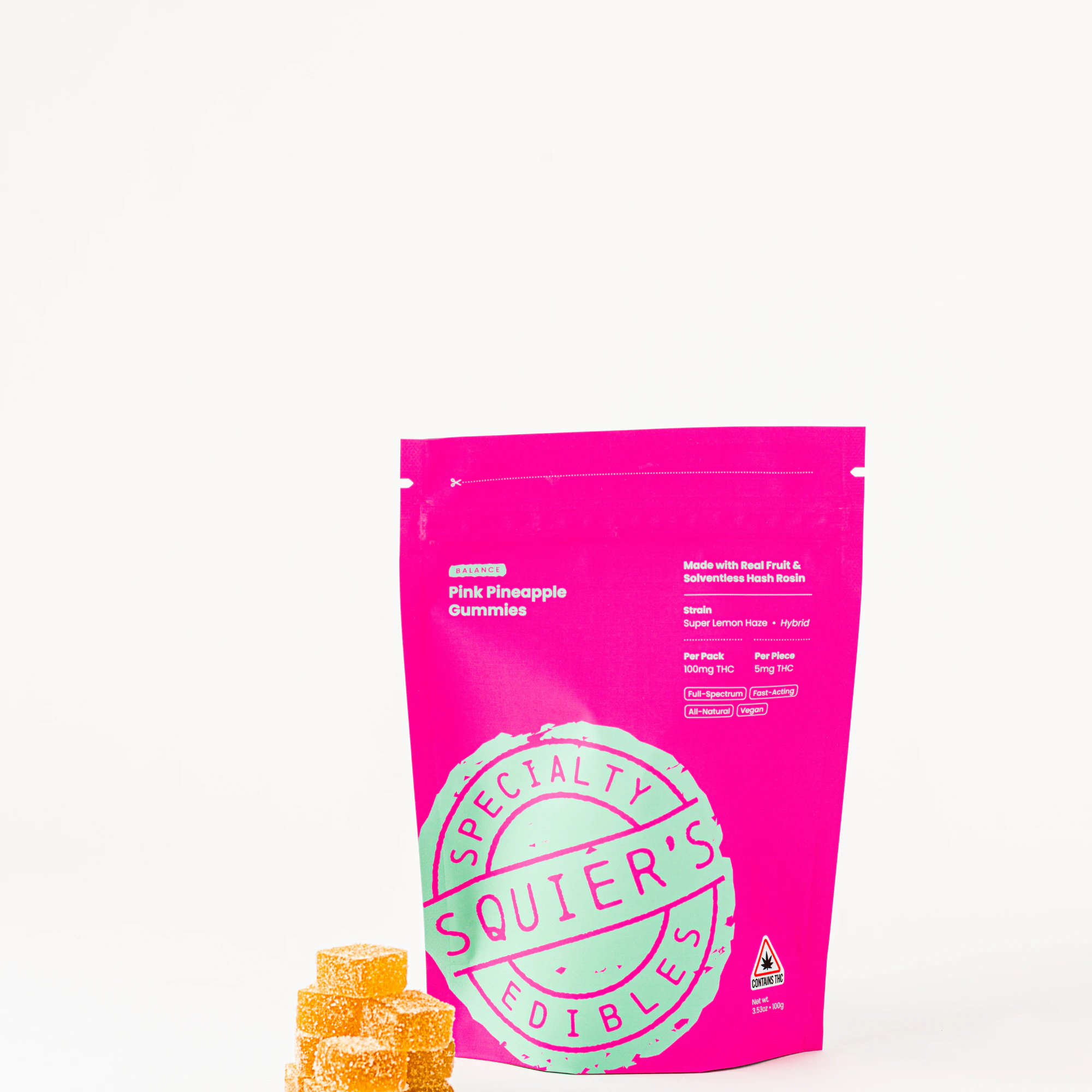 Squier's - 100mg Hash Rosin Gummy - Pink Pineapple Balance Main Image