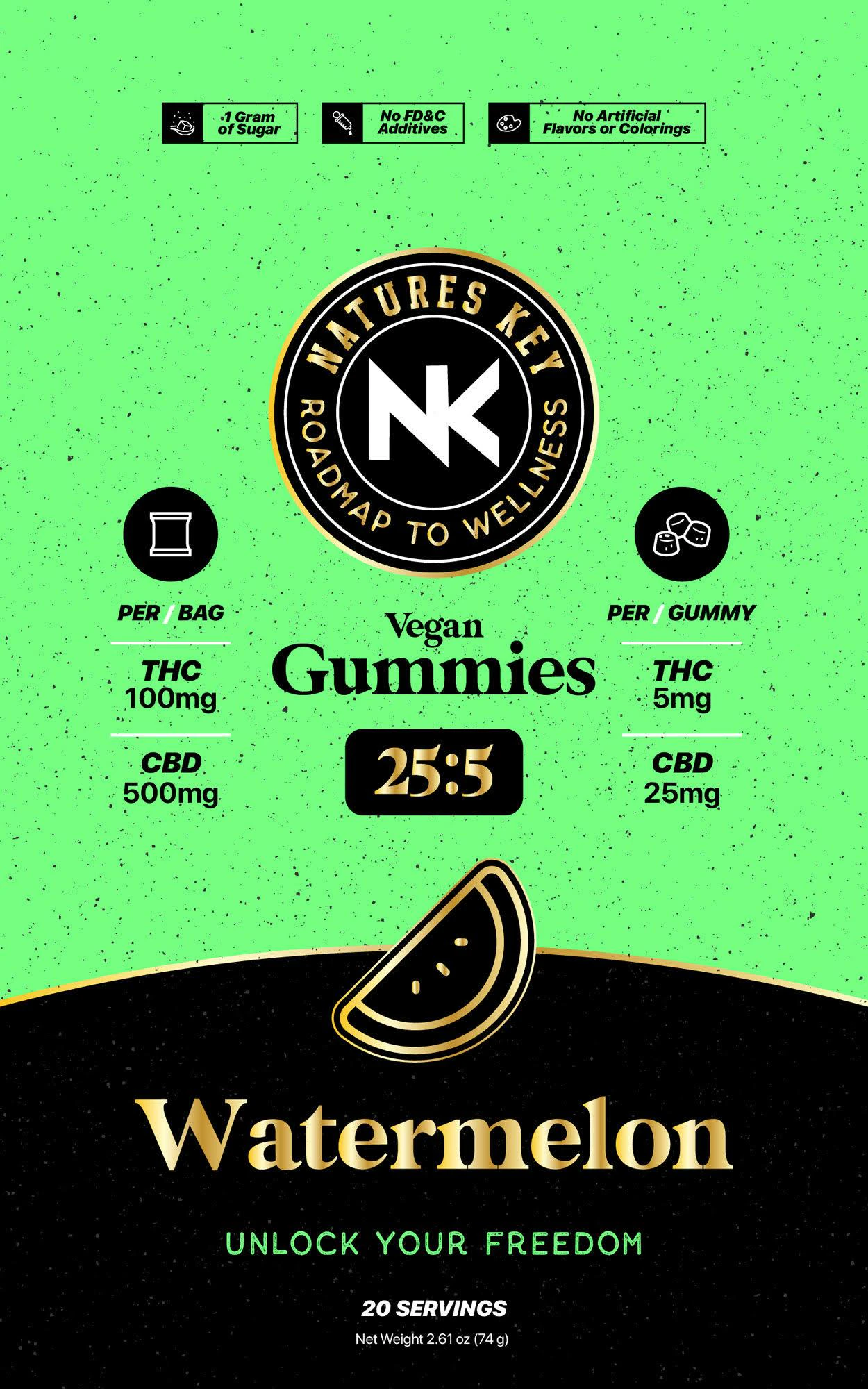 Nature's Key - Watermelon 25:5 (500mg/100mg) Cbd/Thc Vegan Gummies Main Image