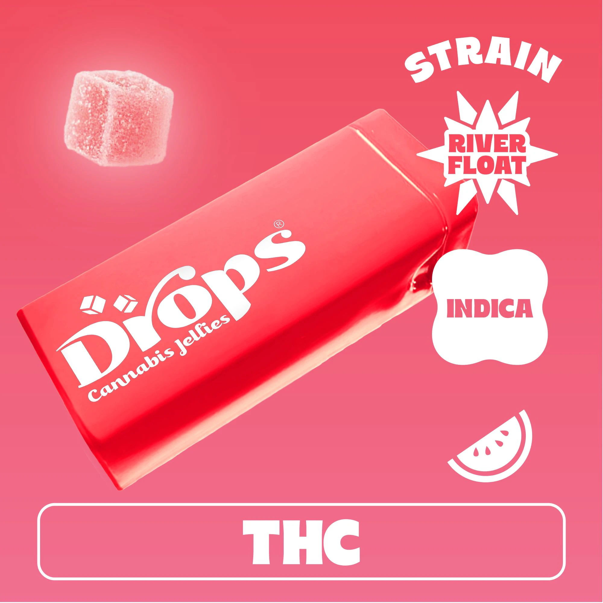 Drops - Watermelon -  River Float - Indica | Live Rosin Gummies | 100mg/20 Pieces | Drops Main Image