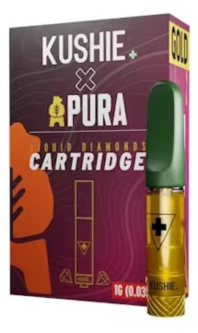 Pura - Mango -Hybrid- 85.60% THC | 1g Kushie GOLD Liquid Diamonds (Vape) Cartridge | Pura      -i6 front