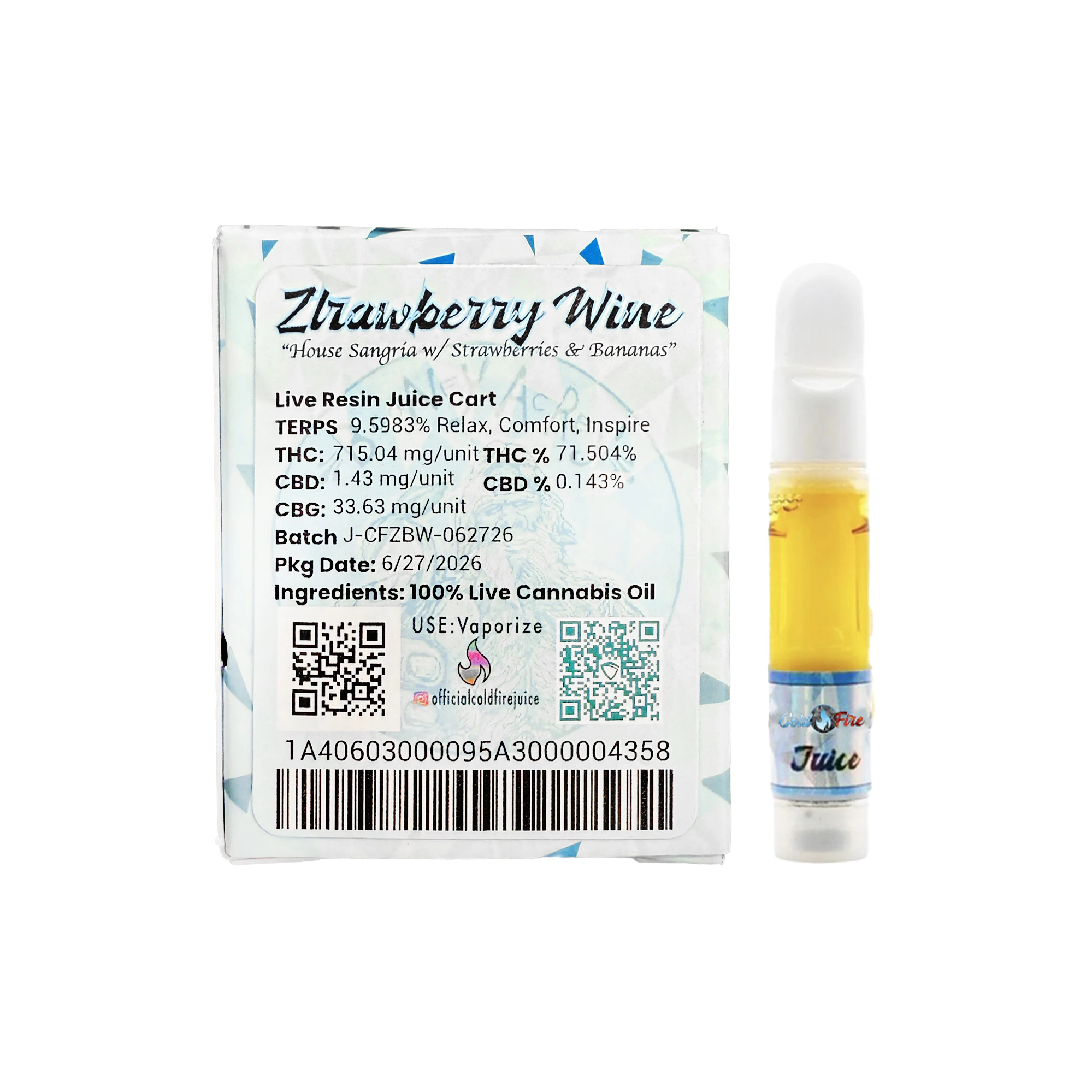 COLD FIRE - ColdFire x Booney Acres Ztrawberry Wine Live Resin Juice Cartridge 1.0g Main Image