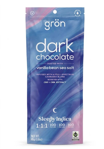 GRON - Vanilla Bean Sea Salt Dark Chocolate -Indica- 1:1:1 CBD:CBN:THC | 100 mg THC | Chocolate Bar (Edible) | Grön   OO5 Front 