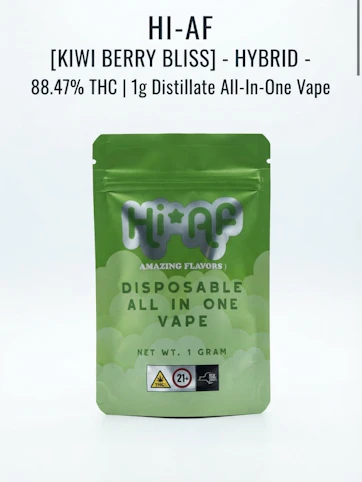 Hi*AF - Kiwi Berry Bliss - Hybrid - 88.47% THC | 1g Distillate All-In-One Vape | Hi-AF - PP6 FRONT