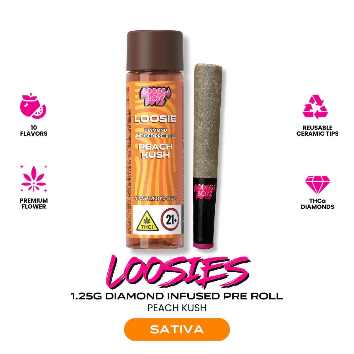 Bodega Boyz - Bodega Boyz | Peach Kush | Loosies Diamond Infused Preroll | 1.25g | 1 Ceramic Pre-Roll | Sativa Main Image